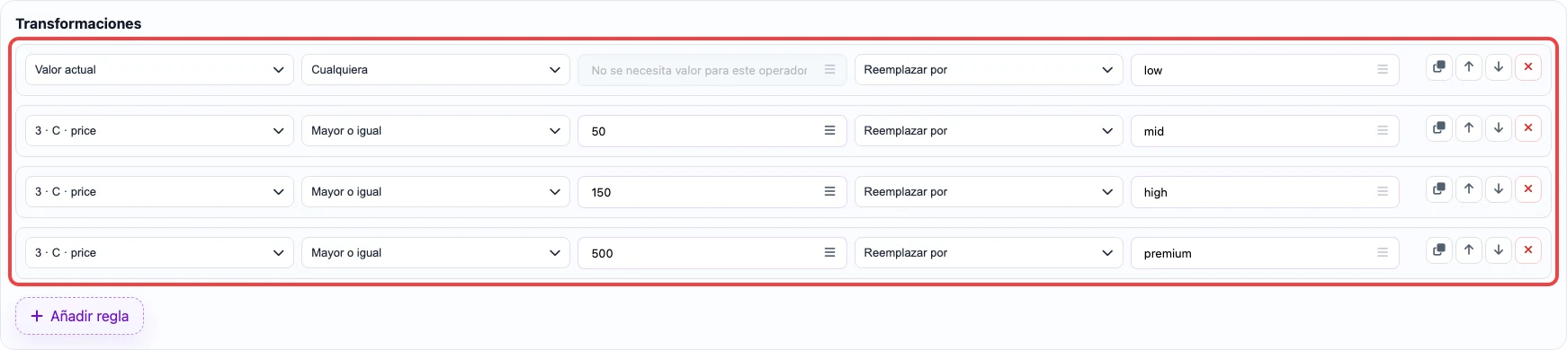 Abrir imagen en grande Captura de las reglas de transformación para la columna custom_label_0