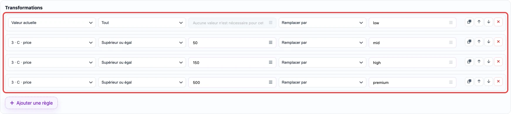 Capture des règles de transformation pour la colonne custom_label_0