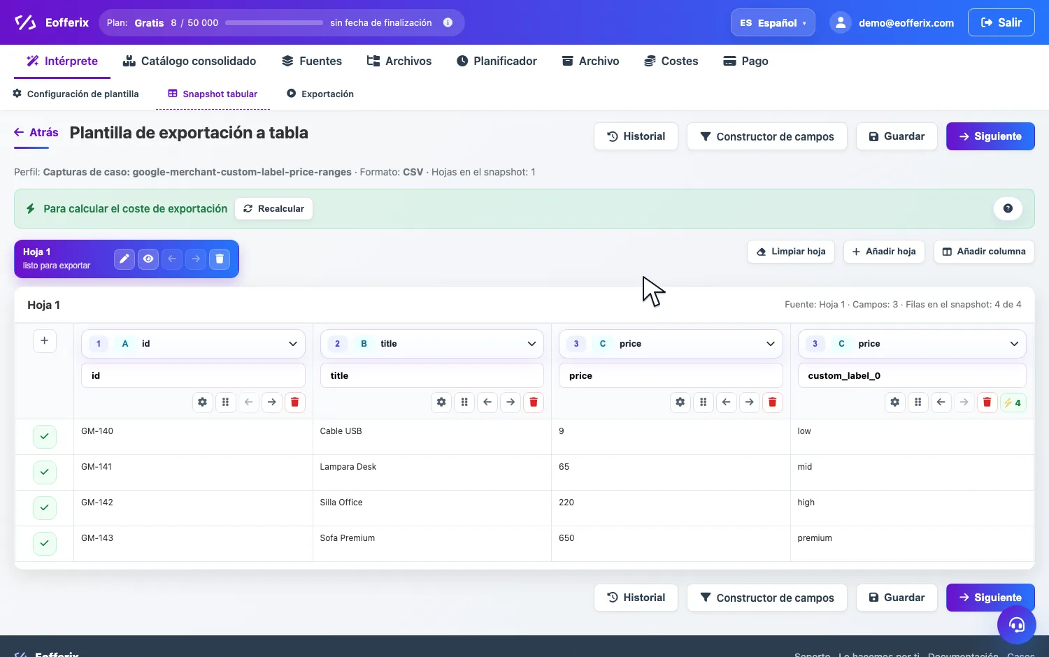 Animación para abrir la configuración de la columna custom_label_0 en Eofferix