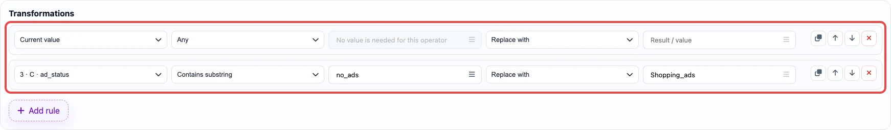Open image larger Screenshot of transformation rules for the excluded_destination column