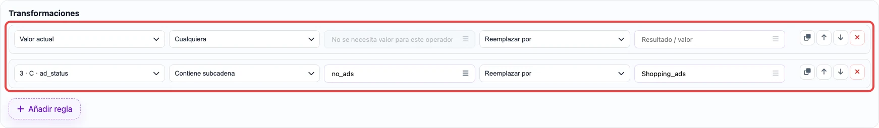Abrir imagen en grande Captura de las reglas de transformación para la columna excluded_destination