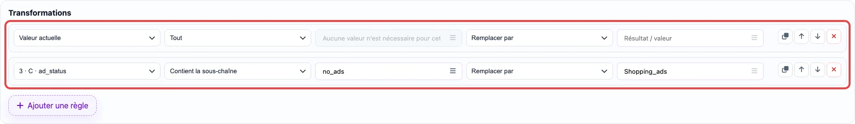 Ouvrir l’image en grand Capture des règles de transformation pour la colonne excluded_destination
