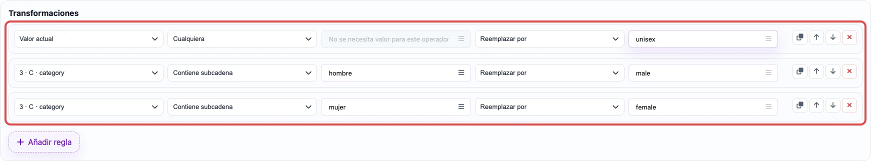 Captura de las reglas de transformación para la columna gender