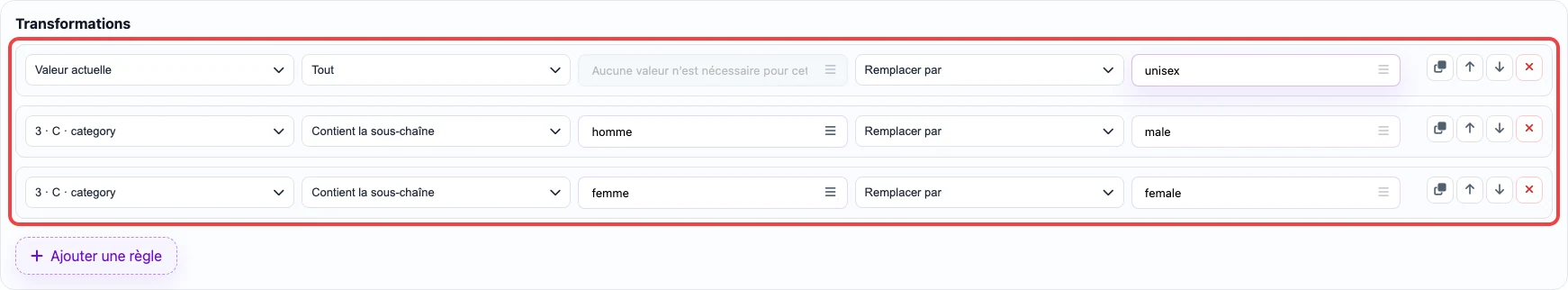 Ouvrir l’image en grand Capture des règles de transformation pour la colonne gender