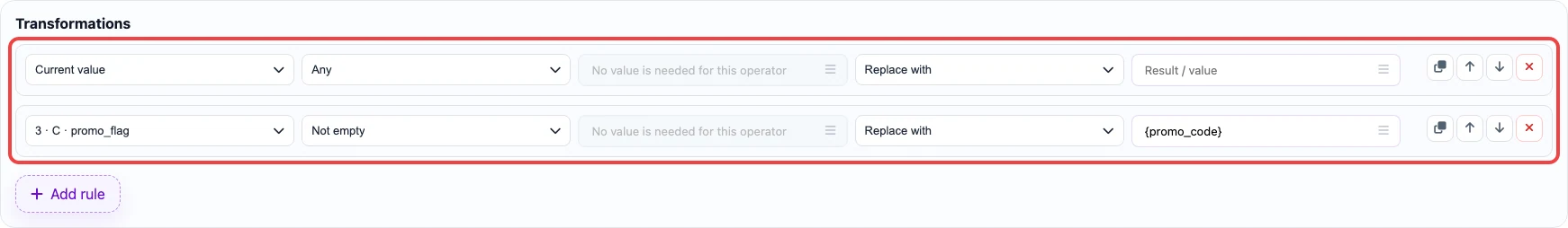 Screenshot of transformation rules for the promotion_id column