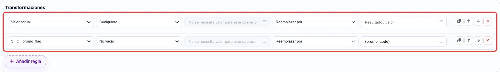 Captura de las reglas de transformación para la columna promotion_id