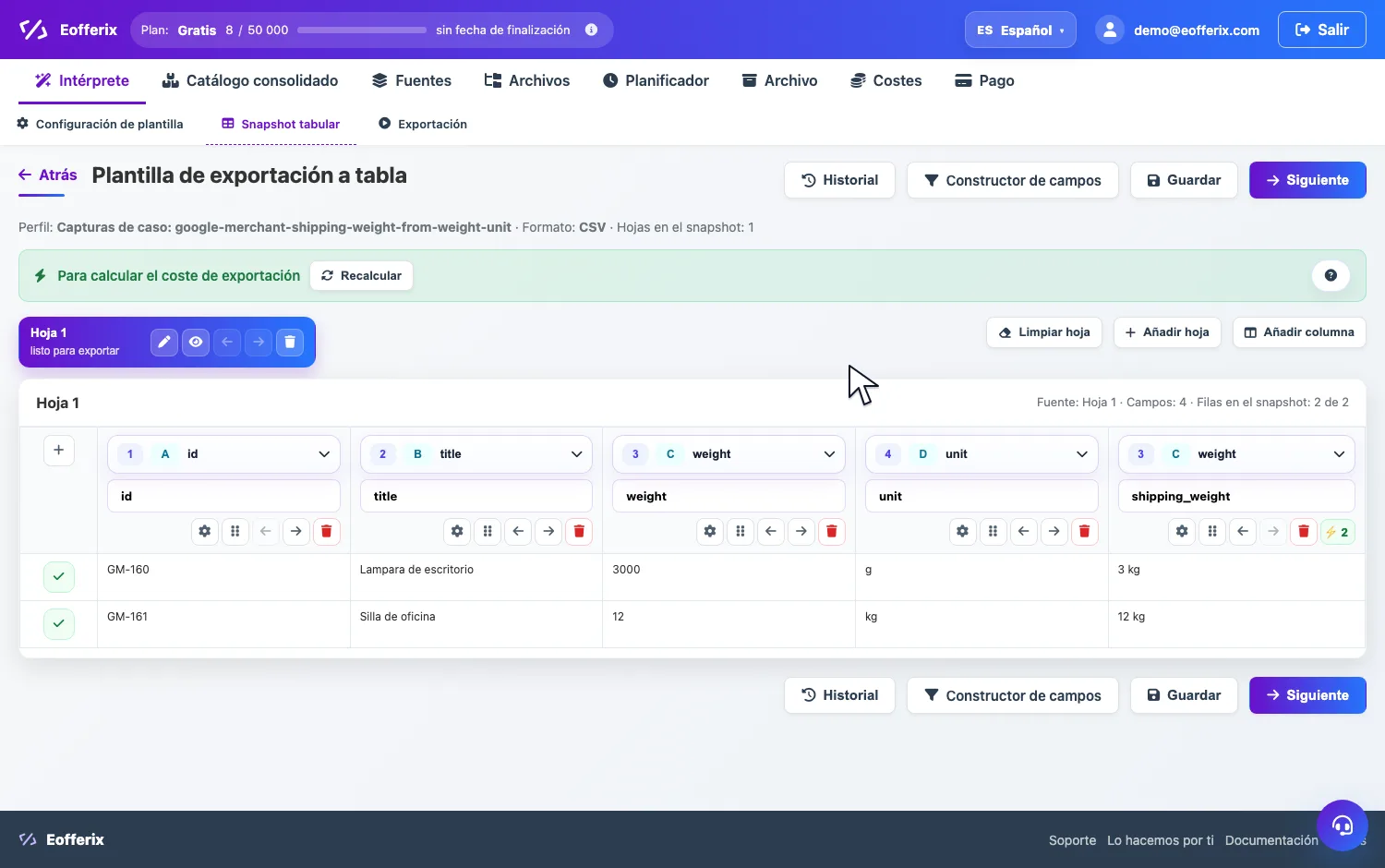 Animación para abrir la configuración de la columna shipping_weight en Eofferix