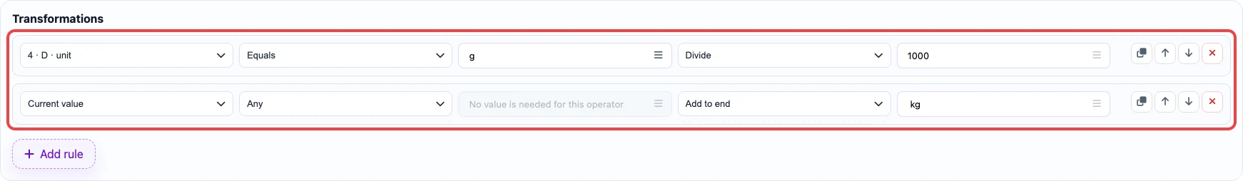 Screenshot of transformation rules for the shipping_weight column