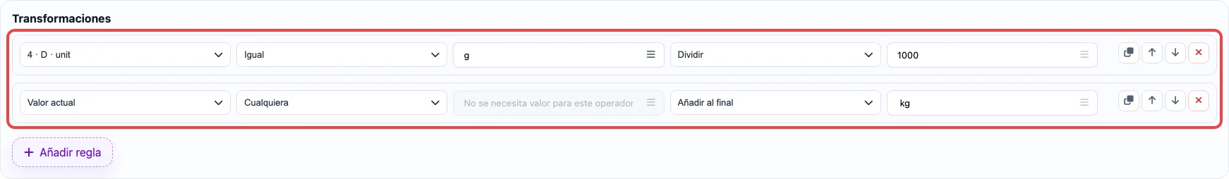 Abrir imagen en grande Captura de las reglas de transformación para la columna shipping_weight