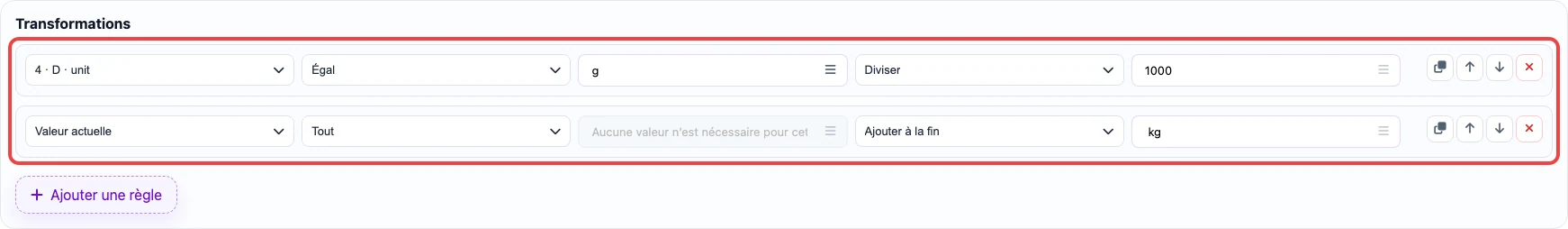 Capture des règles de transformation pour la colonne shipping_weight