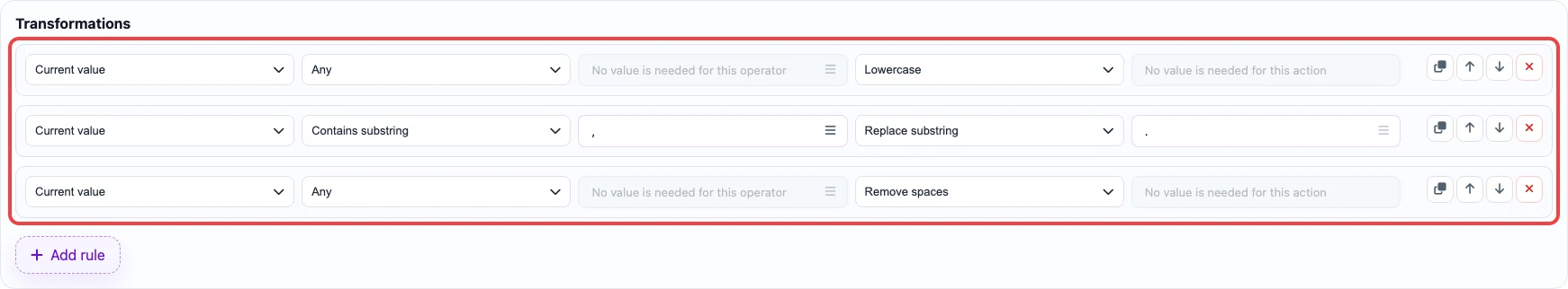 Open image larger Screenshot of transformation rules for the unit_pricing_measure column
