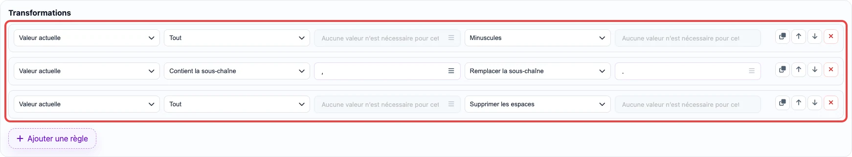 Ouvrir l’image en grand Capture des règles de transformation pour la colonne unit_pricing_measure
