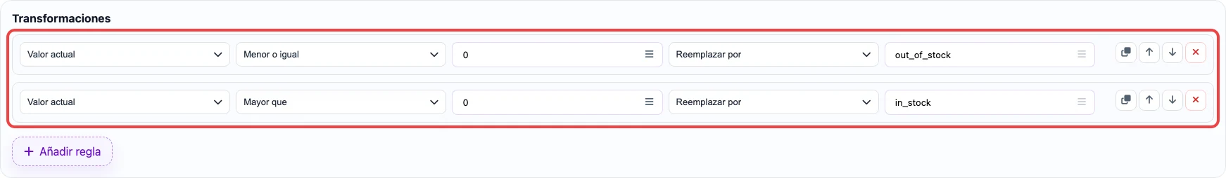 Abrir imagen en grande Captura de las reglas de transformación para la columna availability