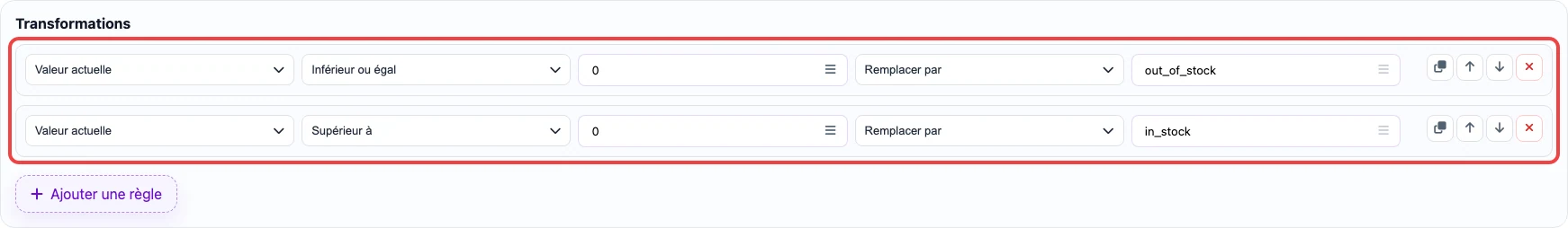 Ouvrir l’image en grand Capture des règles de transformation pour la colonne availability
