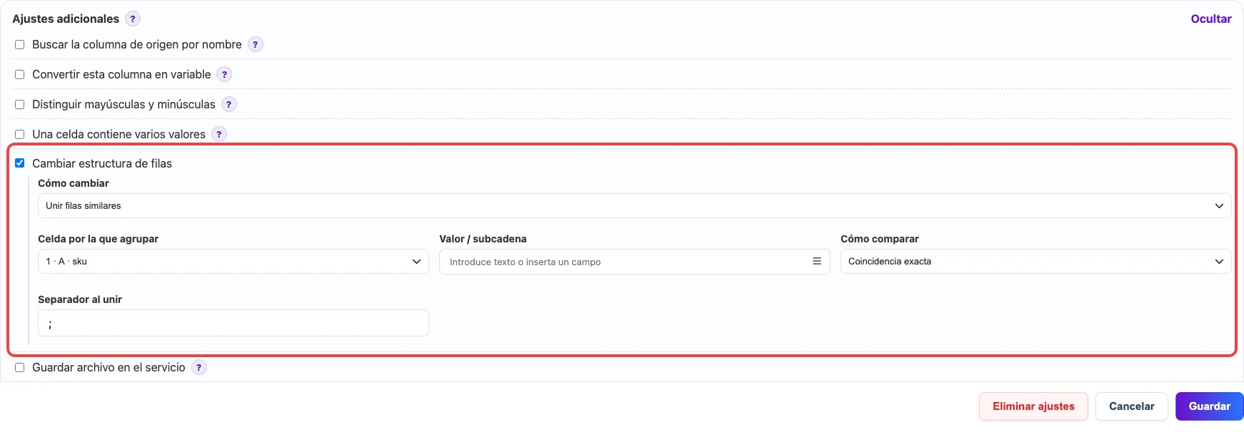 Ajustes para unir filas similares en Eofferix