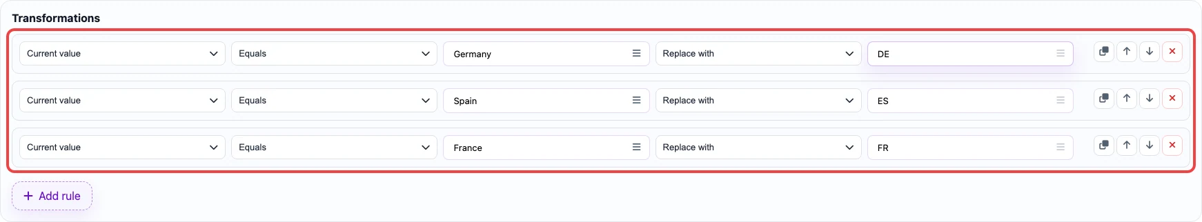 Open image larger Screenshot of transformation rules for the country_code column