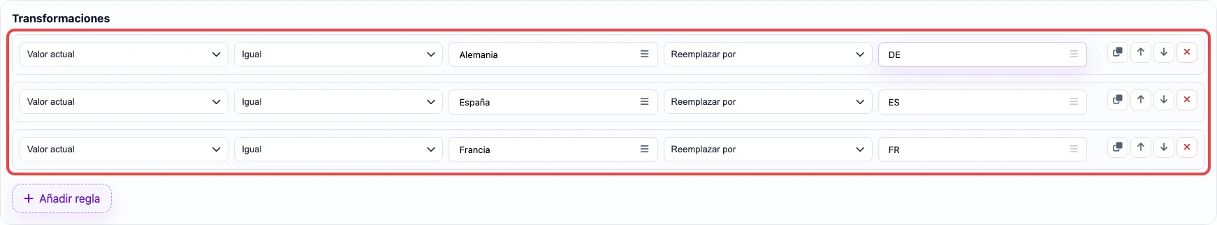 Captura de las reglas de transformación para la columna country_code