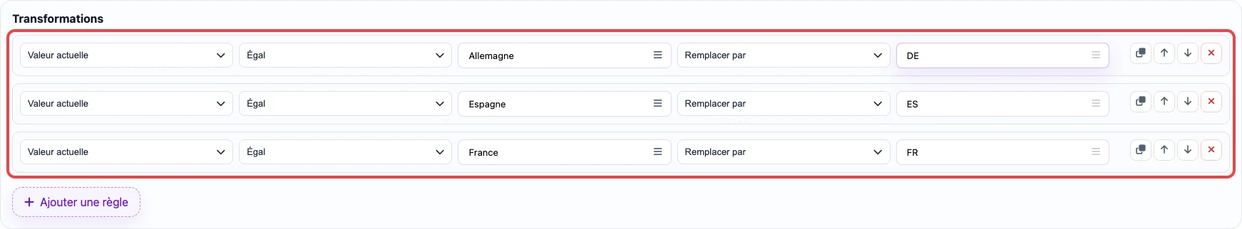 Capture des règles de transformation pour la colonne country_code