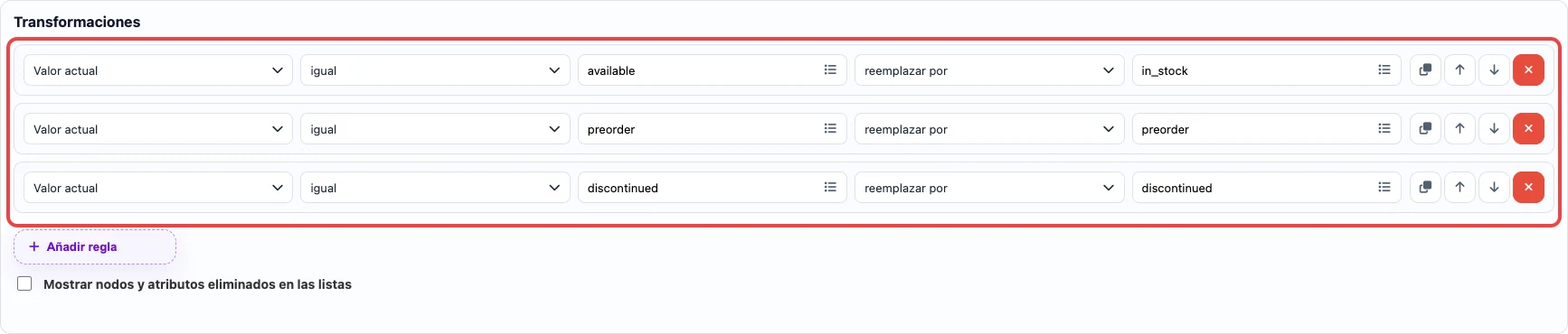 Reglas de reemplazo JSON availability en Eofferix