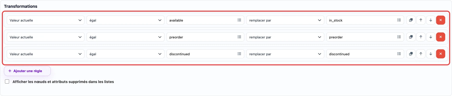 Règles de remplacement JSON availability dans Eofferix