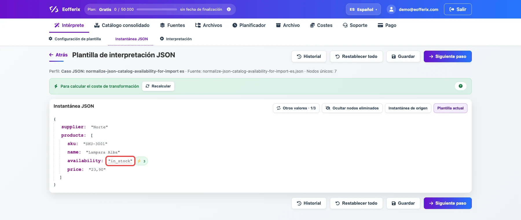 Campo JSON availability en Eofferix
