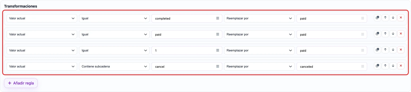 Reglas de reemplazo para estados de pedidos
