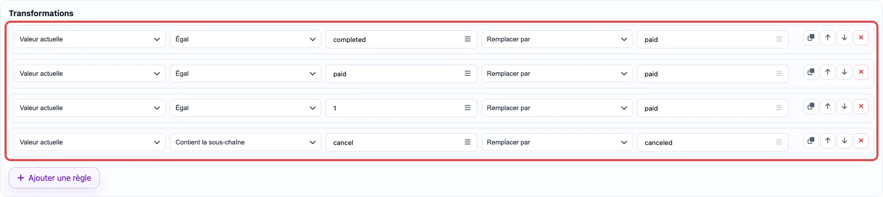 Règles de remplacement des statuts de commandes