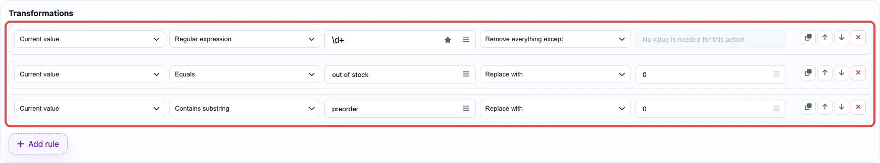 Screenshot of transformation rules for the stock column