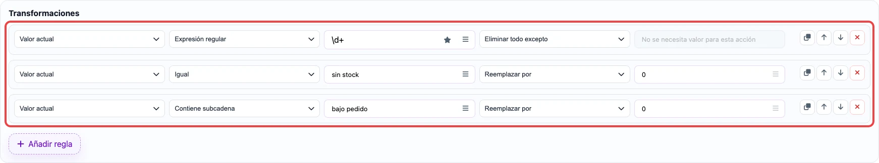 Abrir imagen en grande Captura de las reglas de transformación para la columna stock