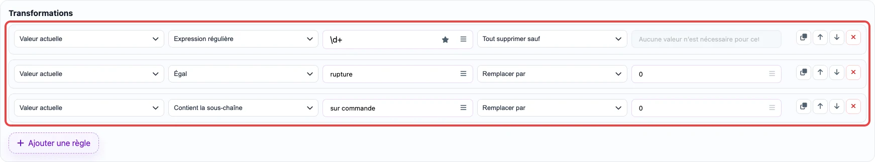 Capture des règles de transformation pour la colonne stock