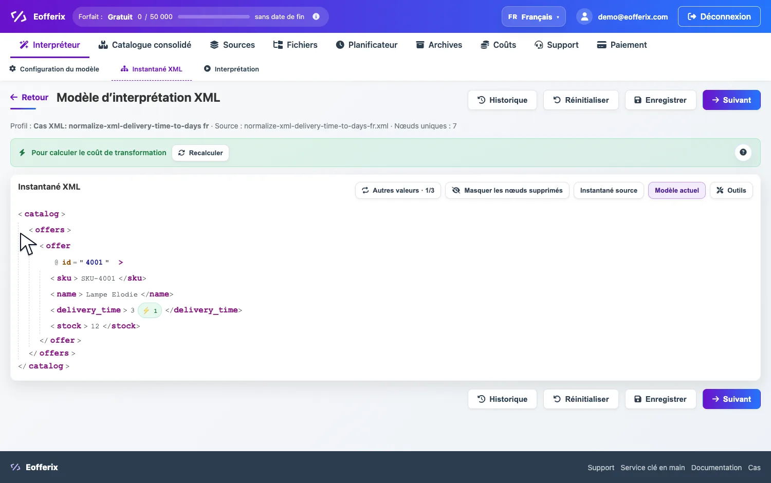 Ouverture des paramètres de la valeur delivery_time dans l’éditeur XML