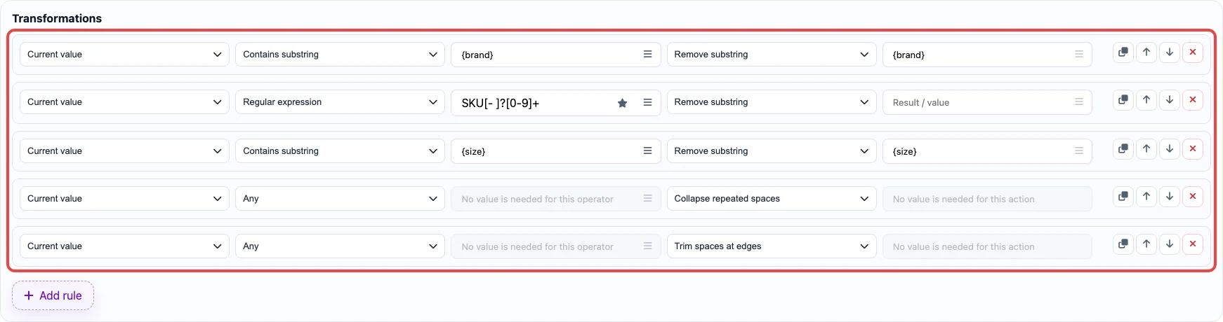 Open image larger Rules that remove brand, SKU, and size from the product name