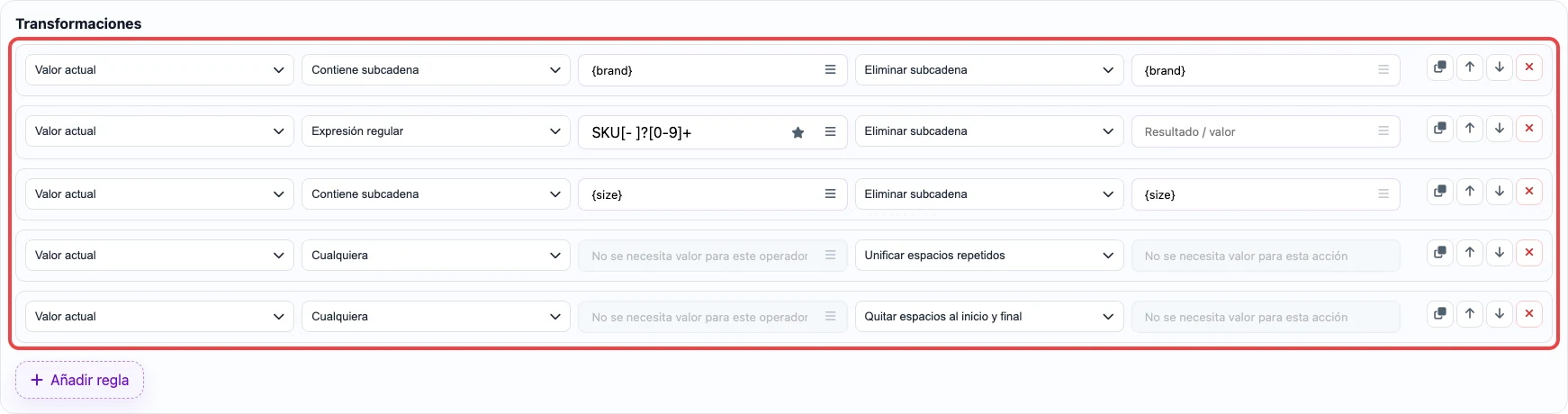 Abrir imagen en grande Reglas para quitar marca, SKU y talla del nombre