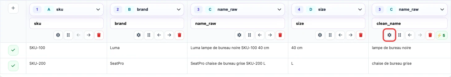Paramètres de la colonne clean_name dans Eofferix