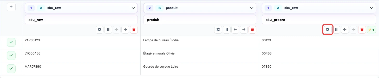 Ouverture des paramètres de la colonne sku_propre dans Eofferix