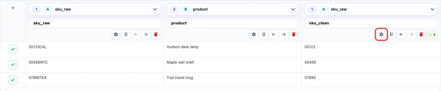 Opening sku_clean column settings for removing trailing characters