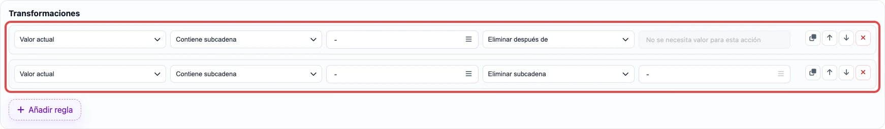 Dos reglas de Eofferix para eliminar texto después de un guion y eliminar el guion