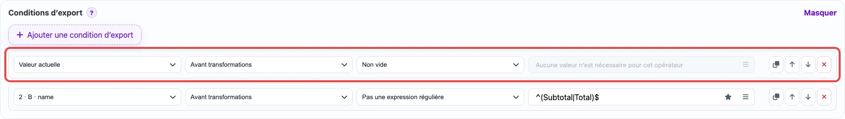 Condition d’export pour SKU non vide