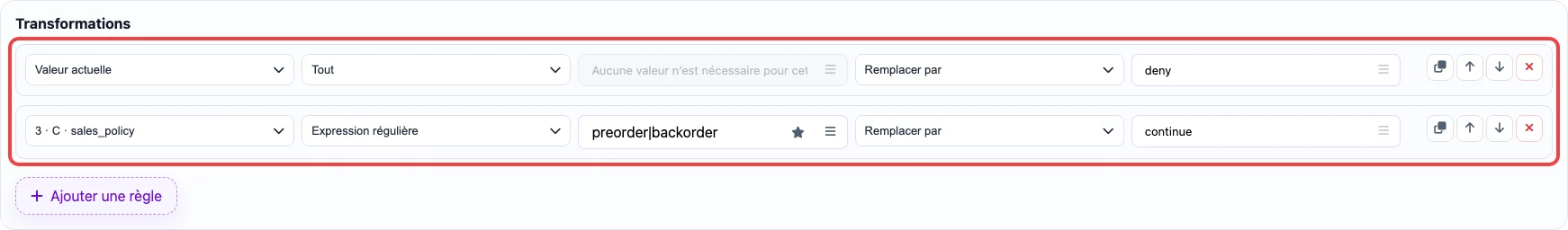 Capture des règles de transformation pour la colonne Continue selling when out of stock