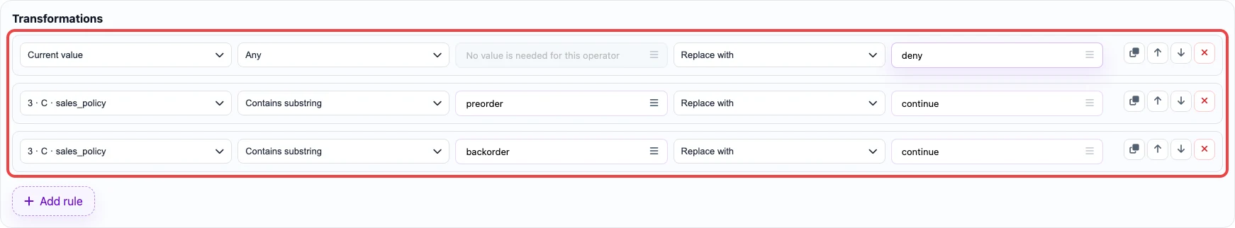 Screenshot of substring-search rules for the Continue selling when out of stock column