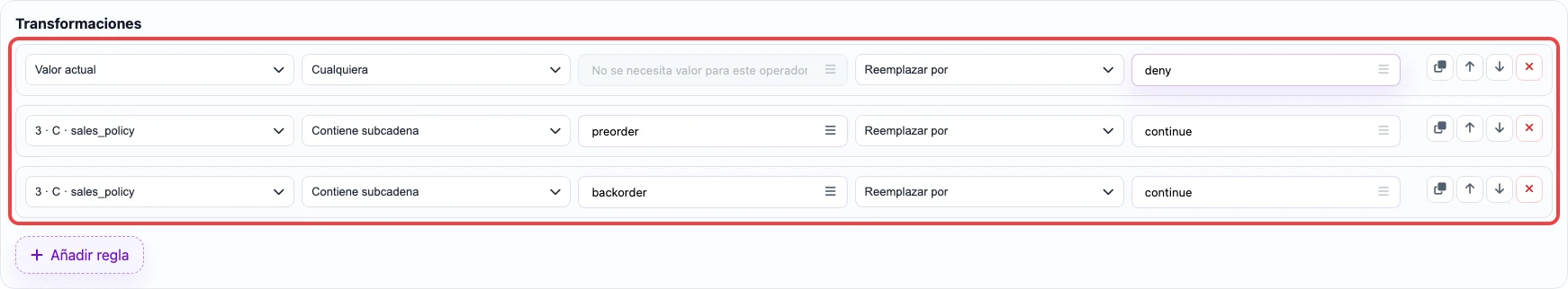 Abrir imagen en grande Captura de las reglas por búsqueda de subcadena para la columna Continue selling when out of stock