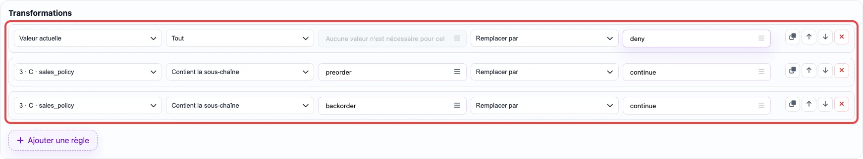 Capture des règles par recherche de sous-chaîne pour la colonne Continue selling when out of stock