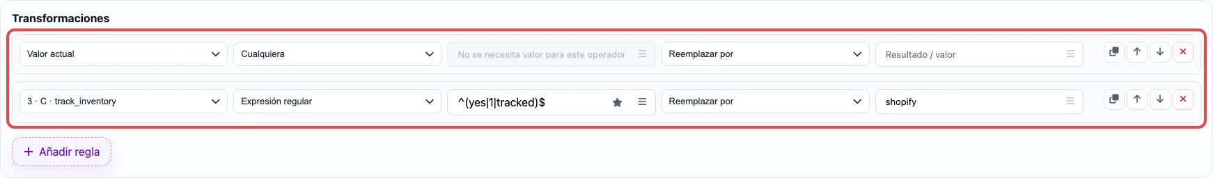 Captura de las reglas de transformación para la columna Inventory tracker