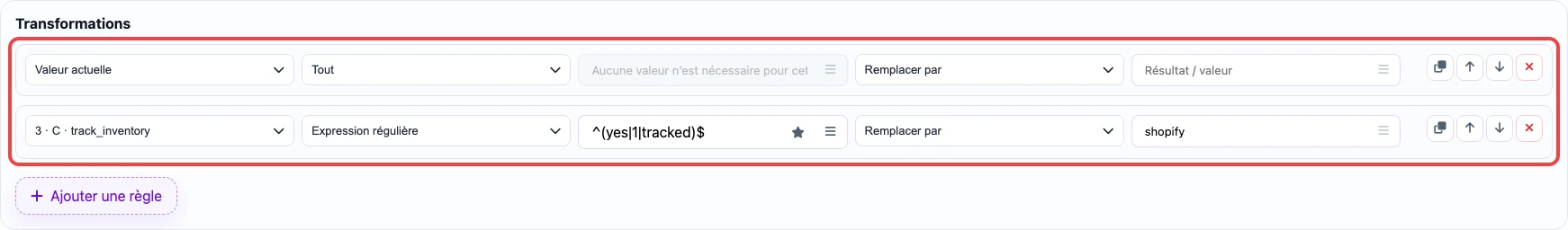 Ouvrir l’image en grand Capture des règles de transformation pour la colonne Inventory tracker
