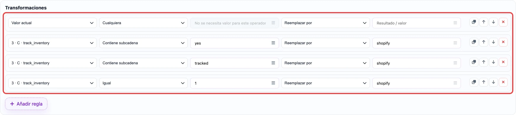 Captura de las reglas por búsqueda de subcadena para la columna Inventory tracker