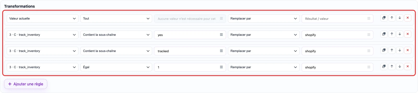 Capture des règles par recherche de sous-chaîne pour la colonne Inventory tracker
