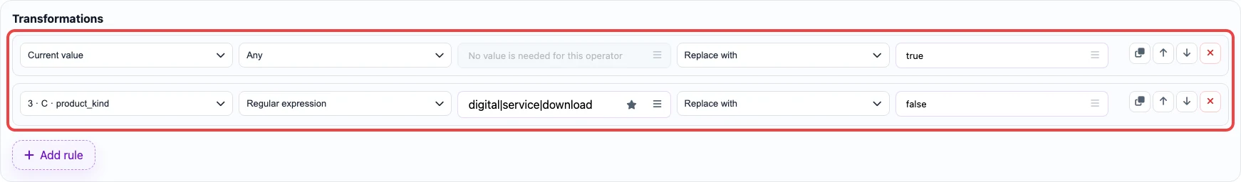 Open image larger Screenshot of transformation rules for the Requires shipping column