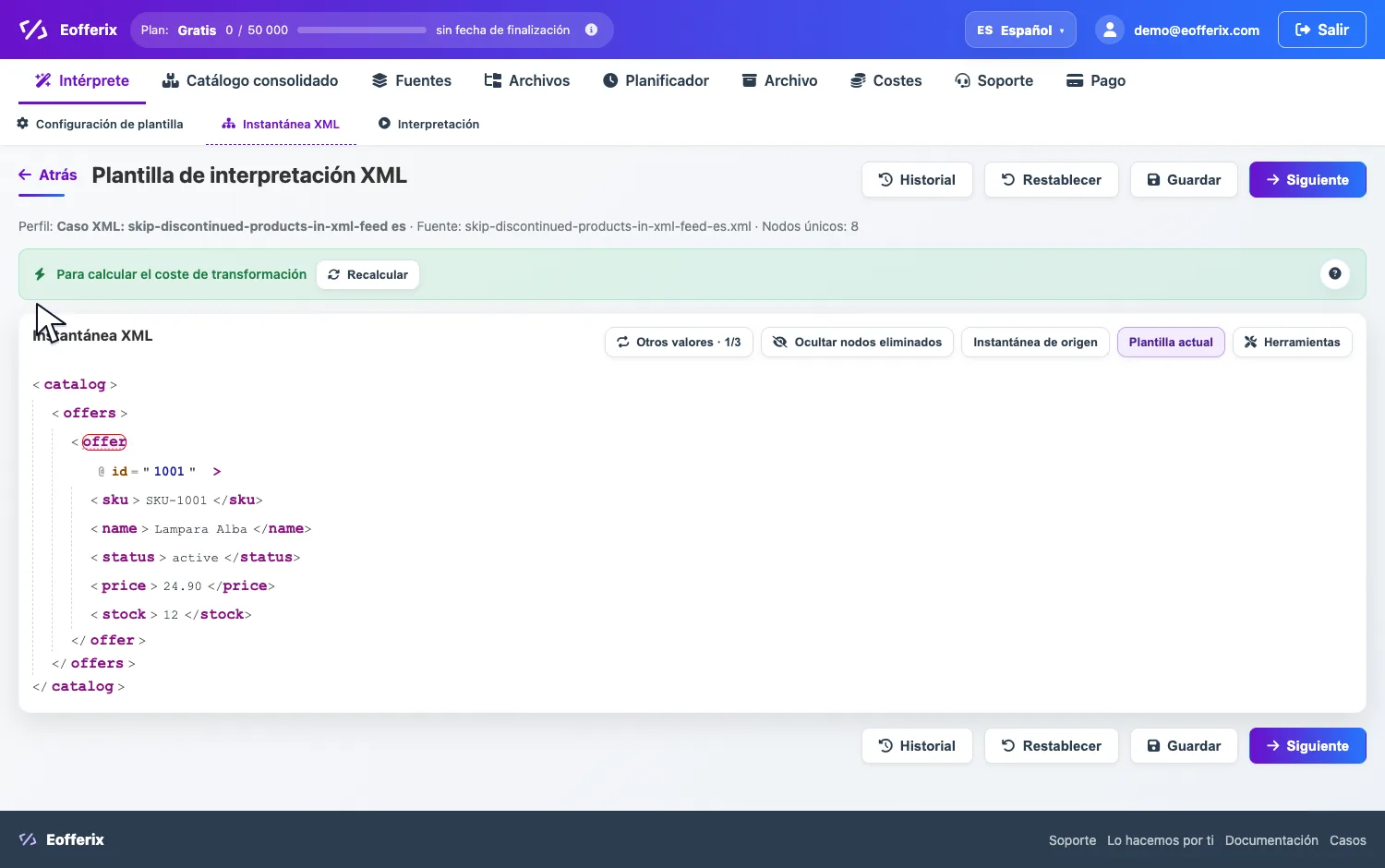 Abrir imagen en grande Apertura de la configuración del nodo offer en el editor XML