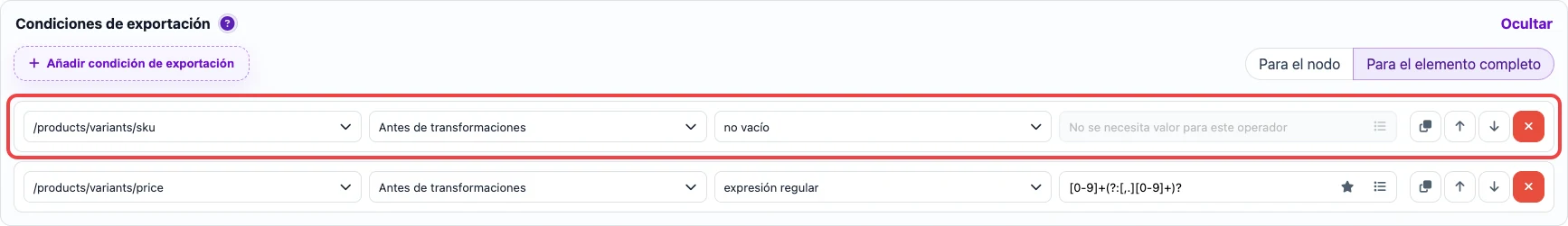 Abrir imagen en grande Condiciones para variante JSON