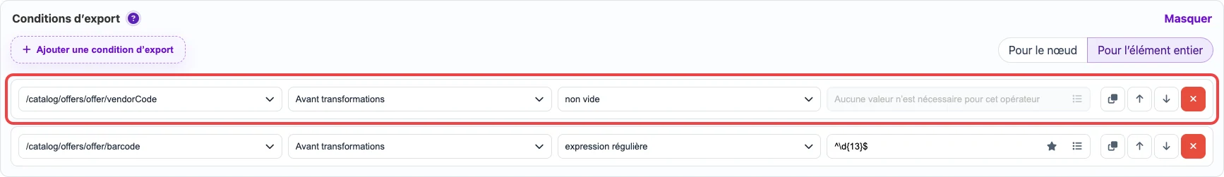 Conditions vendorCode et barcode sur offer